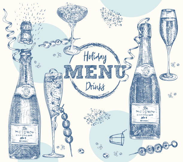 Set bottles Champagne, wine, wine glass, cocktail Vintage hand drawn sketch design bar, restaurant, cafe menu Realistic engraving style Creative template for flyer, banner, poster Graphic art Set bottles Champagne, wine, wine glass, cocktail Vintage hand drawn sketch design bar, restaurant, cafe menu Realistic engraving style Creative template for flyer, banner, poster Graphic vector art champagne drawings stock illustrations