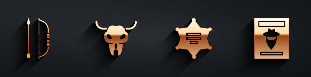 활과 화살을 떨고, 버팔로 두개골, 헥사그램 보안관, 긴 그림자가 있는 구함 서부 포스터 아이콘을 설정합니다. 벡터 - buffalo shooting stock illustrations