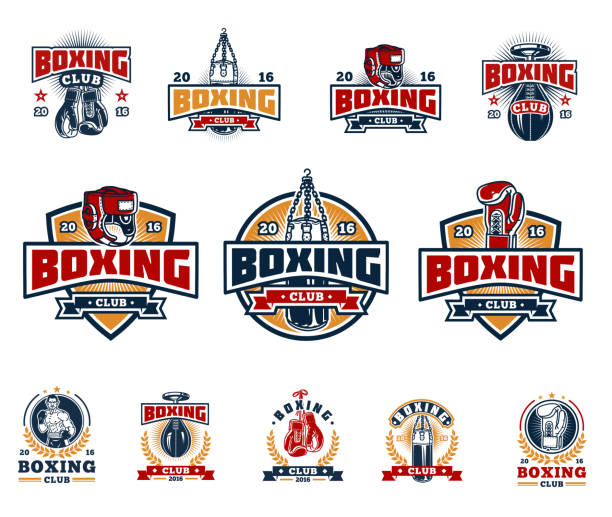 set boxing badges, stickers isolated on white. - 拳擊 運動 幅插畫檔、美工圖案、卡通及圖標