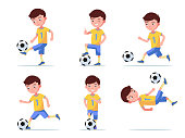 Set boy soccer player plays football with the ball in various poses. Child in sports uniform plays football. Vector illustration isolated on white background, flat style.