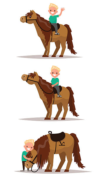 Set boy with a horse. Boy riding on horseback. Set boy with a horse. Boy riding on horseback. Boy hugging a horse. Vector illustration of a flat design pony stock illustrations