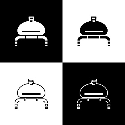 Set Bread and salt on towel icon isolated on black and white background. National food loaf. Traditional ukrainian wedding bread. Vector