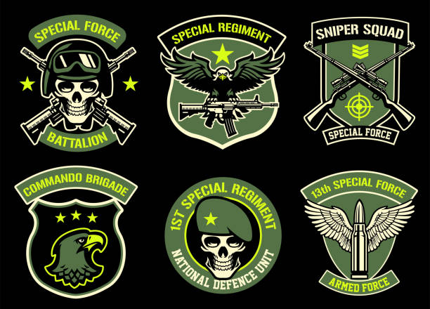 ilustraciones, imágenes clip art, dibujos animados e iconos de stock de conjunto de conjunto de insignia militar - peloton