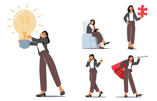 Set Businesswoman Character Daily Routine Speaking by Smartphone, Develop Creative Idea, Teamwork Cooperation and Business Vision, Office Lifestyle and Activity. Cartoon People Vector Illustration