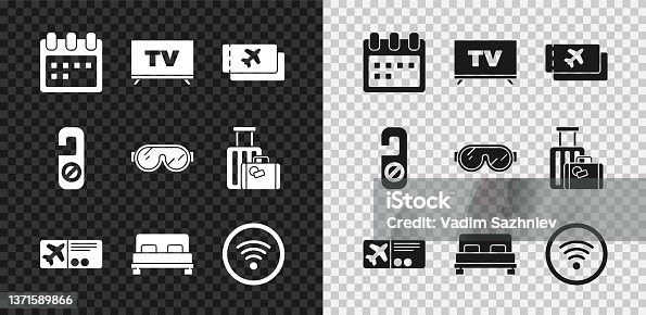 istock Set Calendar, Smart Tv, Airline ticket, Big bed, Wi-Fi wireless internet network, Please do not disturb and Ski goggles icon. Vector 1371589866