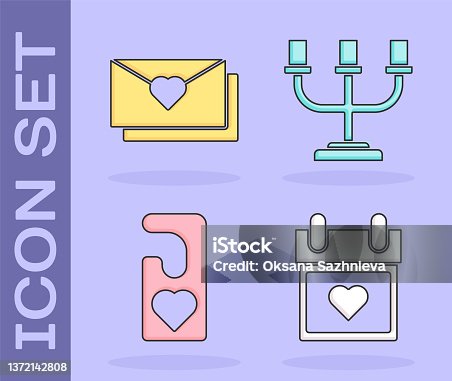 istock Set Calendar with heart, Envelope with Valentine heart, Please do not disturb with heart and Candlestick icon. Vector 1372142808