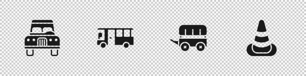 stockillustraties, clipart, cartoons en iconen met set auto, bus, wild west huifkar en verkeerskegel pictogram. vector - front view old jeep