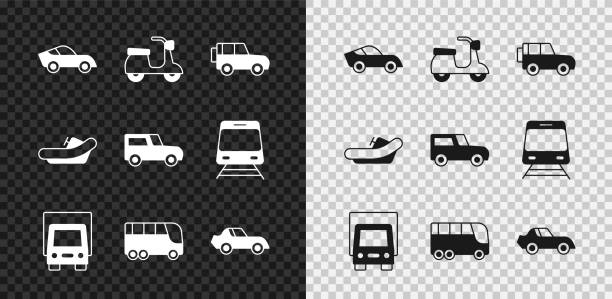 set auto, roller, off road auto, lieferlastwagen, bus, rafting boot und symbol. vektor - motorrad fluss stock-grafiken, -clipart, -cartoons und -symbole