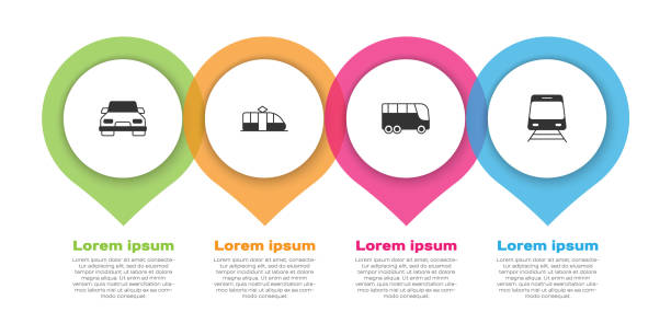 stockillustraties, clipart, cartoons en iconen met set car, tram and railway, bus and train. business infographic template. vector - front view old jeep