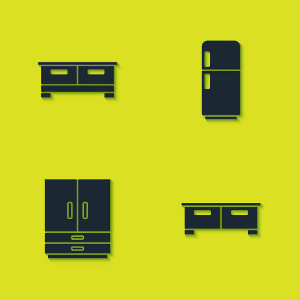 Set Chest of drawers, , Wardrobe and Refrigerator icon. Vector Set Chest of drawers, , Wardrobe and Refrigerator icon. Vector. chest freezer stock illustrations