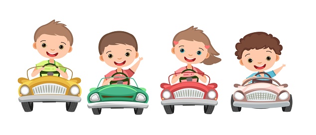 Set. Children drive a car. Kids. Childrens pedal or electro automobile. Cabriolet. Toy vehicle. With a motor. Good passenger car. Isolated over white background. Vector