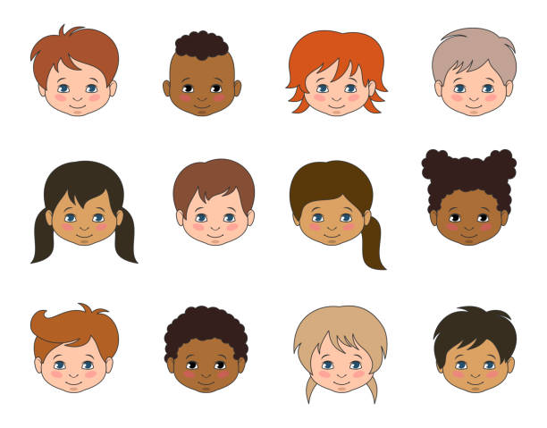 Set Children Faces of Different Races, Multicultural Kids Heads vector art illustration