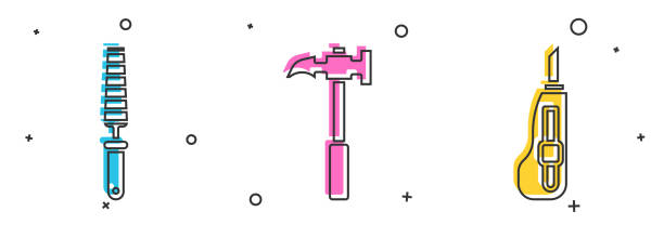 ilustrações de stock, clip art, desenhos animados e ícones de set chisel tool for wood, claw hammer and stationery knife icon. vector - plastic hammers