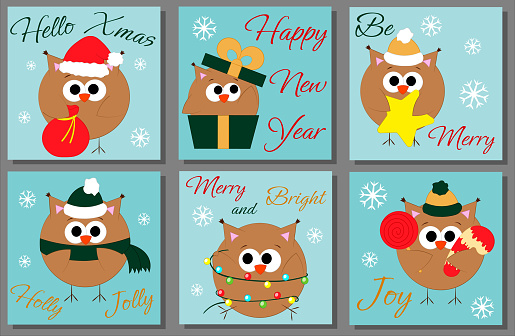 Set Christmas greeting postcard with character Owl
