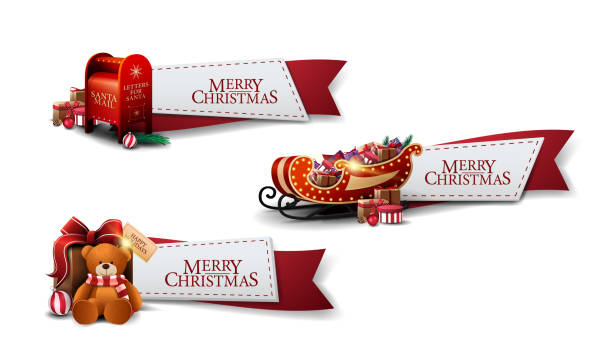 ilustrações de stock, clip art, desenhos animados e ícones de set christmas greeting red ribbons with christmas icons isolated on white background - a letter to santa claus, christmas gifts