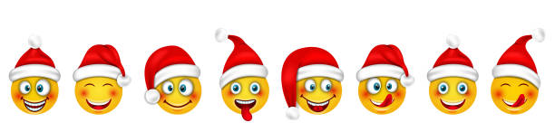 Set Christmas Happy Cheerful Emoticons in Santa Hat vector art illustration
