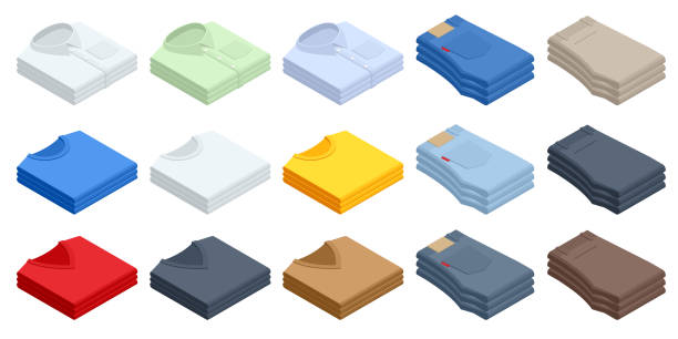 Set clothes isometric shirt, t-shirt, sweater, jeans. Big t-shirt template collection of different colors. Set clothes isometric shirt, t-shirt, sweater, jeans. Big t-shirt template collection of different colors folded stock illustrations