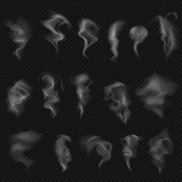 Set, collection, layouts, templates, realistic smoke, couple, against dark background Set templates realistic smoke, couple, against dark background. Smoke from cigarettes, fire, fog. Steam from coffee, tea, hot drinks and food. Vector illustration isolated. smoke stock illustrations