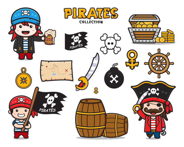 Set collection of cute pirates and equipment cartoon icon clipart illustration Set collection of cute pirates and equipment cartoon icon clipart illustration. Design isolated flat cartoon style sword beach stock illustrations