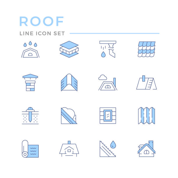 ilustrações, clipart, desenhos animados e ícones de definir ícones de linha de cores do telhado - calha