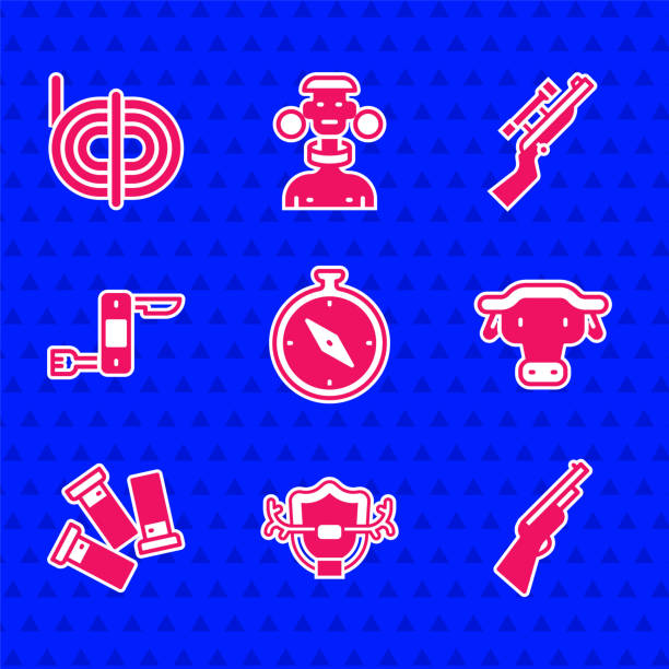 set compass, deer antlers on shield, hunting gun, african buffalo head, cartridges, swiss army knife, sniper rifle with scope and climber rope icon. vector - buffalo shooting 幅插畫檔、美工圖案、卡通及圖標