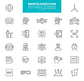 Set of virtual reality icons line style for app design project. 360 Degree, Panorama, Smartglasses, Virtual Reality Helmet,