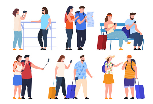 Set couple and friend tourists on summer vacation vector illustration man woman traveling together