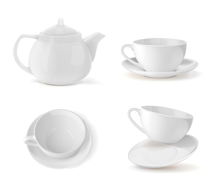 Set cups and teapot in white, different positions. Vector illustration on white background.