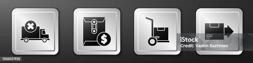 istock Set Delivery cargo truck vehicle, Envelope with dollar symbol, Hand truck and boxes and Carton cardboard box icon. Silver square button. Vector 1265021925