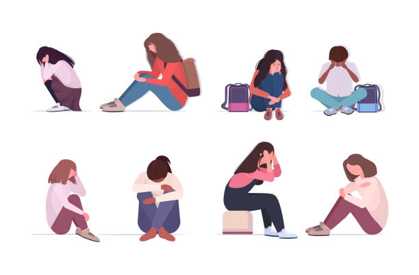 set depressed mix race people crying depression problems stress psychotherapy bullying concept set depressed mix race people crying depression problems stress psychotherapy bullying concept full length horizontal vector illustration depression sadness stock illustrations