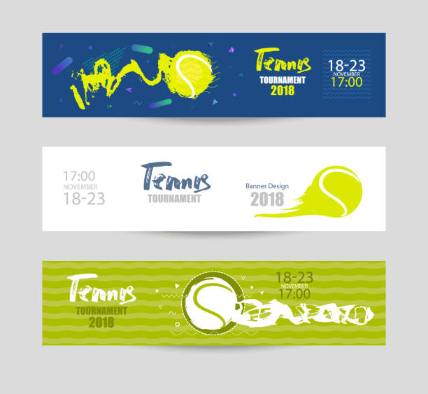 stockillustraties, clipart, cartoons en iconen met stel ontwerpen voor tennis. moderne abstracte achtergrond hand tekenen, texturen, geometrie. collectie van sport banners, abstracte bal. - tennis
