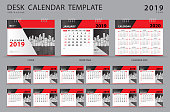 Set Desk calendar 2019 template. Set of 12 Months. Planner. Week starts on Sunday. Stationery design. advertisement. Vector layout. red cover. business brochure flyer. abstract background