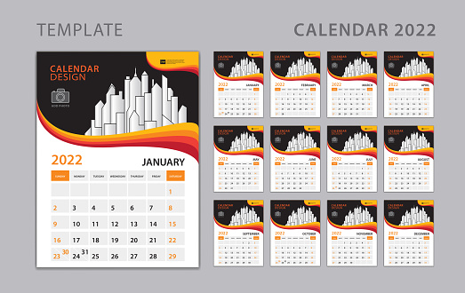 Set Desk Calendar 2022 template, Wall calendar 2022 design can be place for photo and company Logo, Week Starts on Sunday, Set of 12 Months, Poster, Calendar Planner 2022 year, Calendar orange background vector
