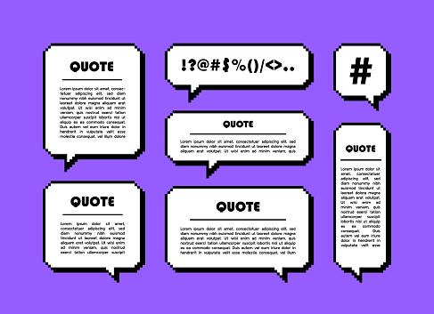 Set different shape pixel speech bubble. Geometric texting dialogue boxes. Colored quote box speech bubble. Modern vector illustration