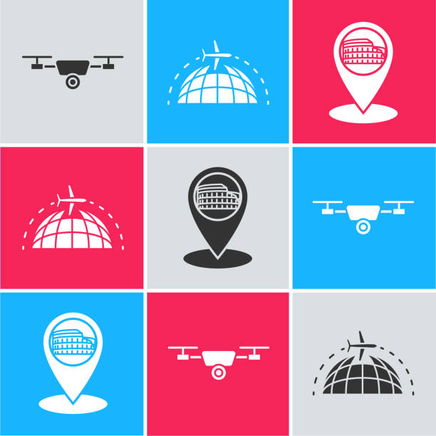 Set Drone flying with action video camera, Globe with flying plane and Map pointer with Coliseum in Rome, Italy icon. Vector Set Drone flying with action video camera, Globe with flying plane and Map pointer with Coliseum in Rome, Italy icon. Vector drone symbols stock illustrations