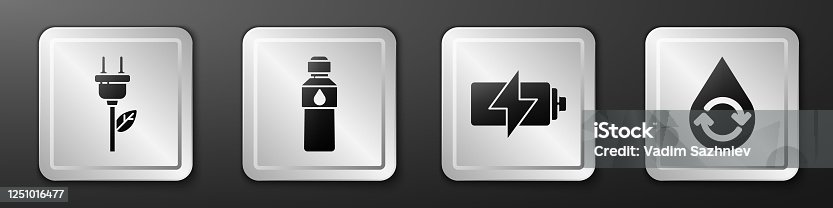 istock Set Electric saving plug in leaf, Bottle of water, Battery and Recycle clean aqua icon. Silver square button. Vector 1251016477