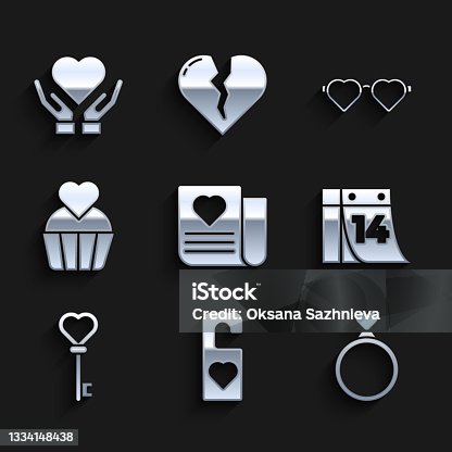 istock Set Envelope with Valentine heart, Please do not disturb, Wedding rings, Calendar February 14, Key shape, cake, Heart shaped love glasses and on hand icon. Vector 1334148438