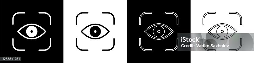 istock Set Eye scan icon isolated on black and white background. Scanning eye. Security check symbol. Cyber eye sign. Vector Illustration 1253641261