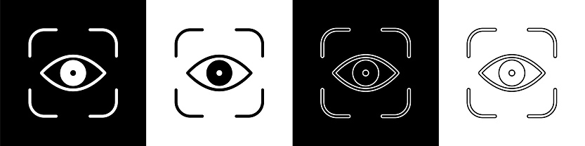 Set Eye scan icon isolated on black and white background. Scanning eye. Security check symbol. Cyber eye sign. Vector Illustration