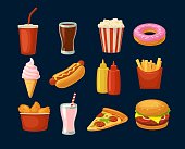 Set fast food icon. Cup cola, donut, ice cream, milkshake, hamburger, pizza, chicken legs, hotdog, fry potato, popcorn, ketchup. Isolated dark background. Vector flat color illustration. For takeaway