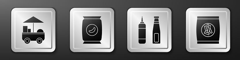 Set Fast street food cart, Bag or packet potato chips, Sauce bottle and Hard bread chucks crackers icon. Silver square button. Vector