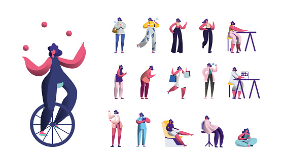 Set Female Characters Lifestyle, Young Woman Juggling with Balls on Monowheel, Girl Messaging by Smartphone, Shopping