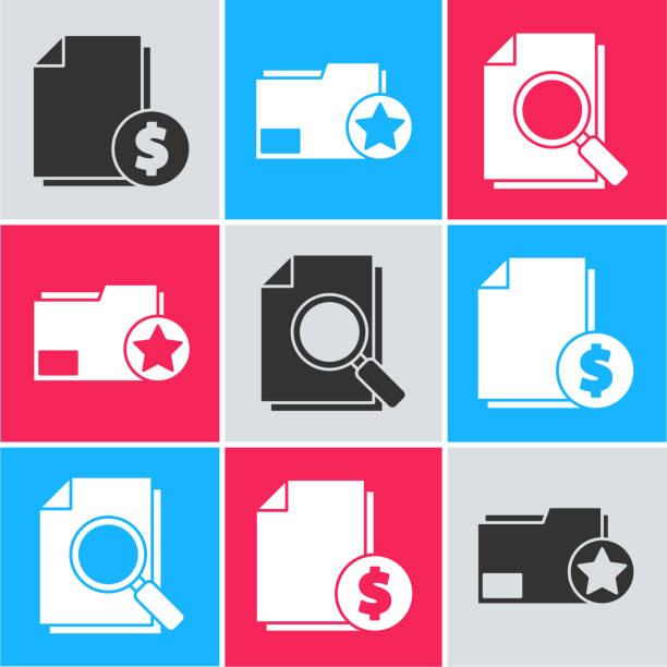 stockillustraties, clipart, cartoons en iconen met set finance document, document folder with star and document with search icon. vector - europe city map