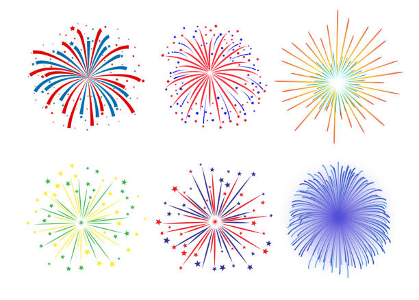 illustrazioni stock, clip art, cartoni animati e icone di tendenza di set di fuoco d'artificio design su sfondo bianco - fireworks