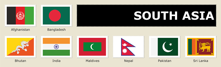 set flag South Asia postage stamp with names