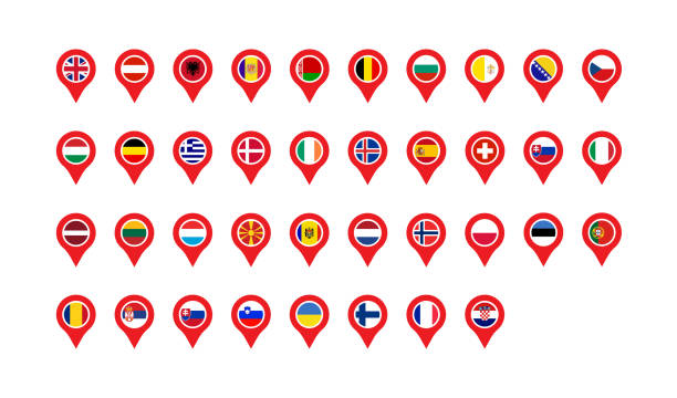 ilustrações de stock, clip art, desenhos animados e ícones de set flags of europe location labels in flat - portugal flag