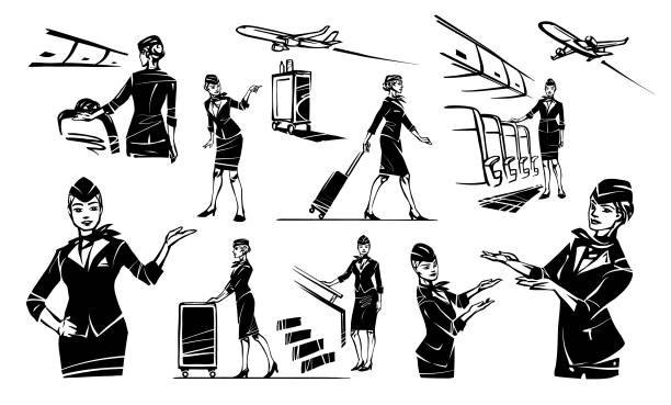 ilustrações, clipart, desenhos animados e ícones de conjunto de comissária de bordo - aeromoça
