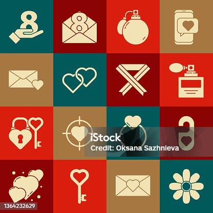 istock Set Flower, Please do not disturb with heart, Perfume, Two Linked Hearts, Envelope 8 March, on hand and Breast cancer awareness ribbon icon. Vector 1364232629