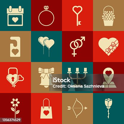istock Set Flower rose, Map pointer with heart, Candy shaped box and bow, Key, Balloons form of ribbon, Please do not disturb, Calendar and Gender icon. Vector 1356374529