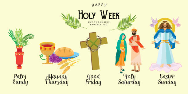 Set for Christianity holy week before easter, Lent and Palm or Passion Sunday, Good Friday crucifixion of Jesus and his death, Stations of Cross, God Last Supper Crown of thorns vector illustration Set for Christianity holy week before easter, Lent and Palm or Passion Sunday, Good Friday crucifixion of Jesus and his death, Stations of Cross, God Passion vector illustration lent stock illustrations
